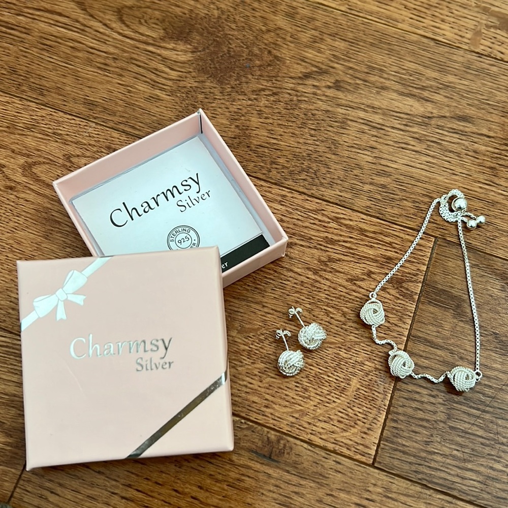 Matching knotted necklace and earring set, sterling silver